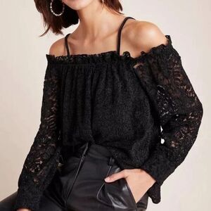 Anthropologie Eri + Ali Coldshoulder Lace Black Button Cuff Dark Boho Top Small
